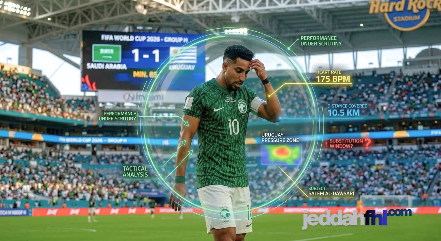 صورة تحليلية رياضية تُظهر سالم الدوسري في مباراة كأس العالم 2026 ضد أوروغواي، مع تراكب رسومي باللغة العربية يحلل أداءه البدني والتكتيكي ويطرح سؤالاً حول قرار المدرب يورغوس دونيس بالتبديل، مع شاشة خلفية تعرض النتيجة 1-1 والوقت دقيقة 85.