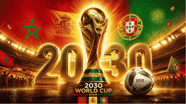 صورة بارزة لكأس العالم 2030 تظهر الكأس الذهبي وأرقام 2030 مع ألوان أعلام المغرب وإسبانيا والبرتغال على خلفية ملعب كرة قدم مضاء