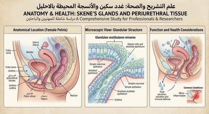 Medical infographic of female pelvic anatomy, Skene's glands microscopic structure, and function.